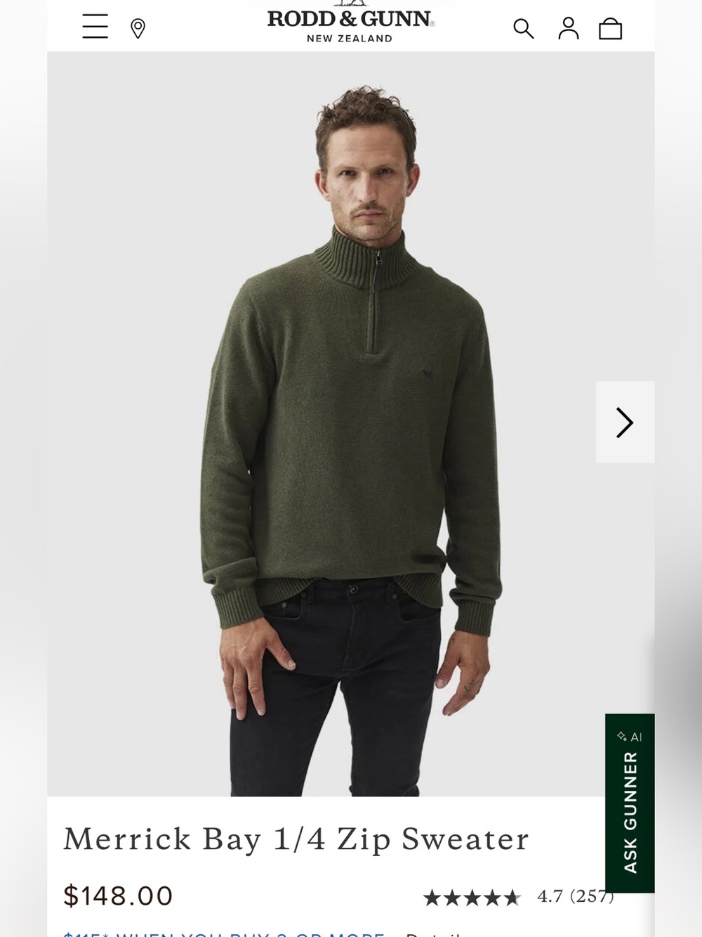 Men’s Rodd & Gunn Olive Green Quarter-Zip Knit Sweater-Size S